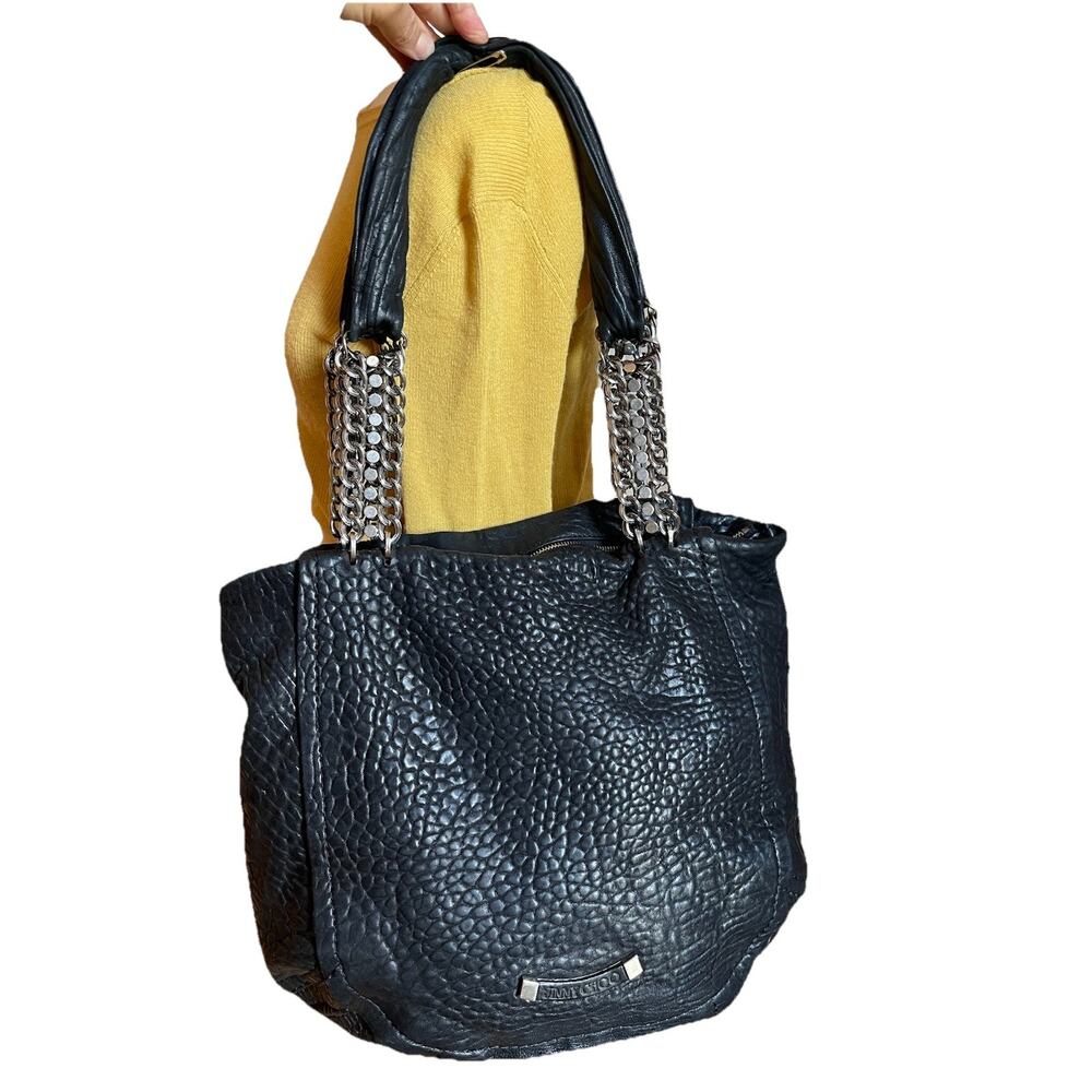 Authentic Jimmy Choo Nica Large Black Pebbled Leather Chain Shoulder Tote Bag